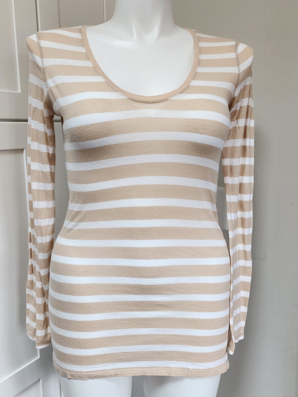 Express Tan & White Striped Long Sleeve Scoop Neck Top - Size Large